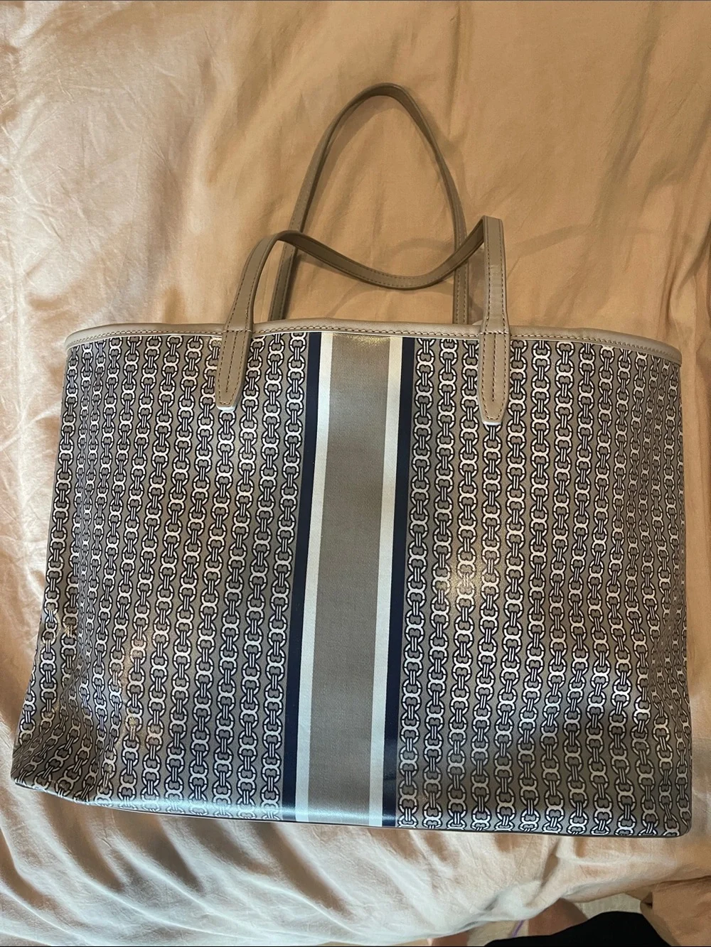 Tory Burch Navy and Gray Logo Stripe Tote with Center Stripe